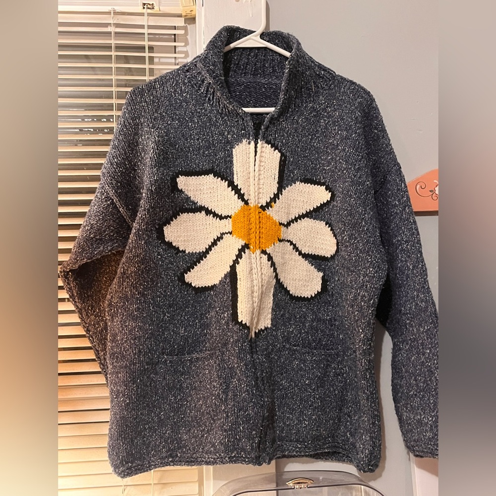 Vintage flower knit zip up sweater, wool knit